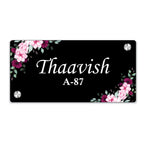 Black door name plate with pink floral corners and name "Thaavish" B-87