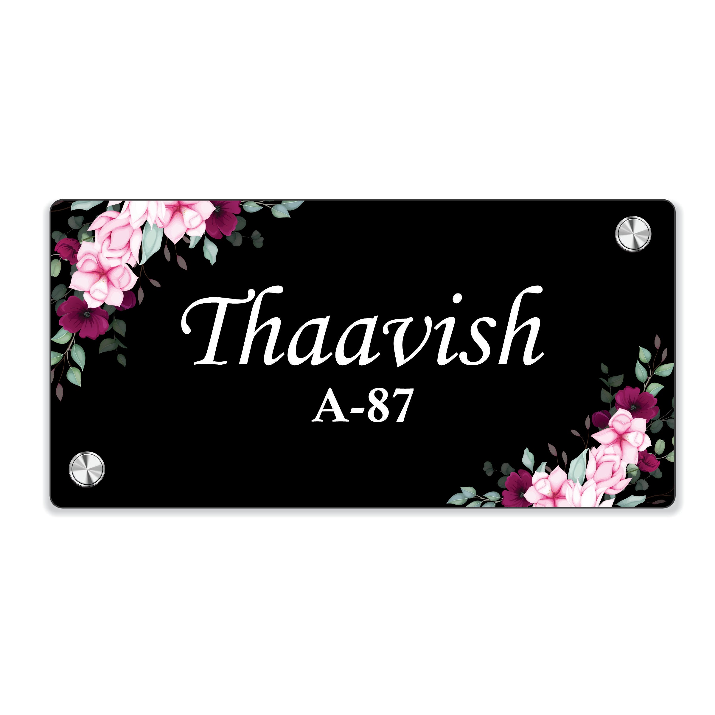 Black door name plate with pink floral corners and name "Thaavish" B-87