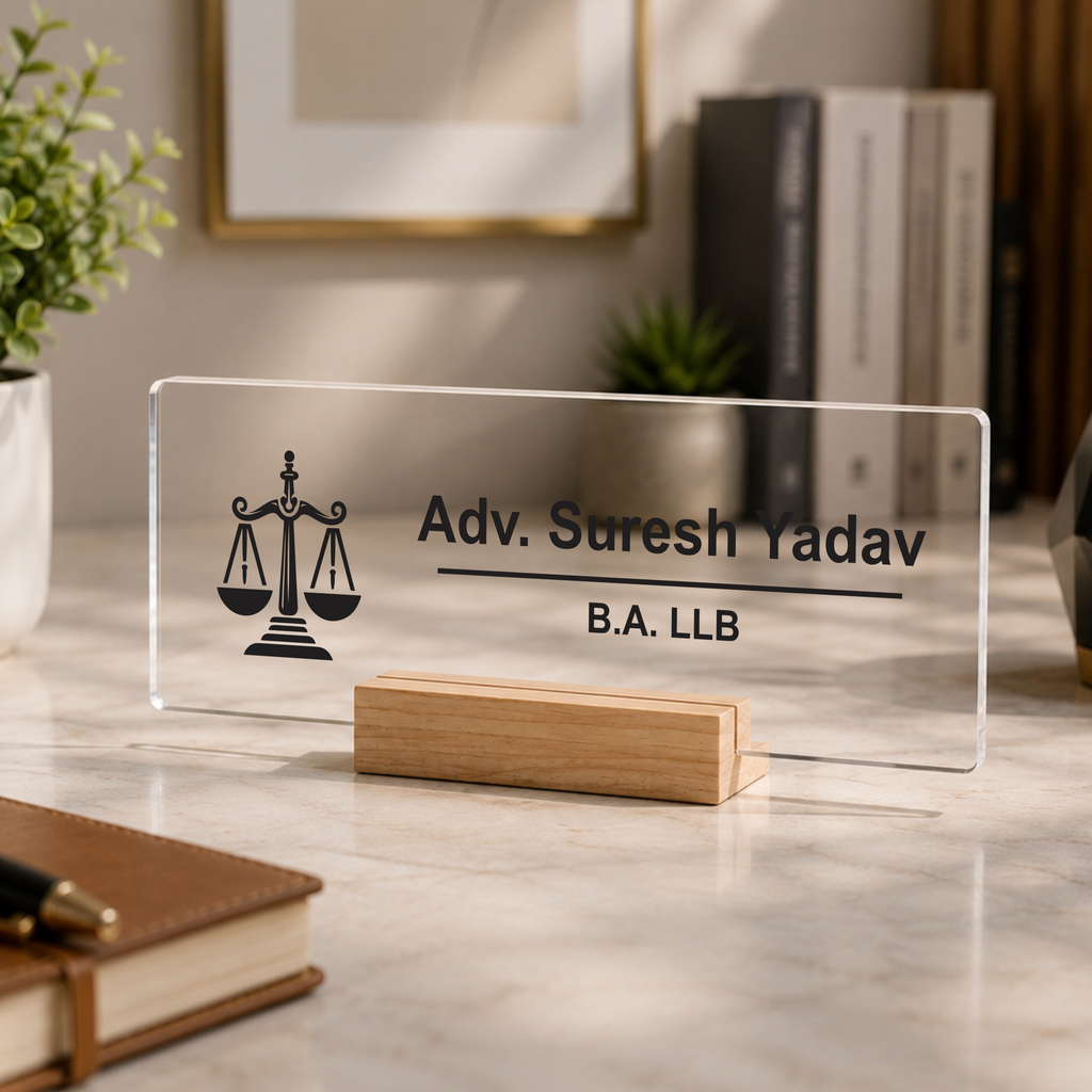Transparent acrylic desk name plate with scales icon and engraved name, B.A. LLB