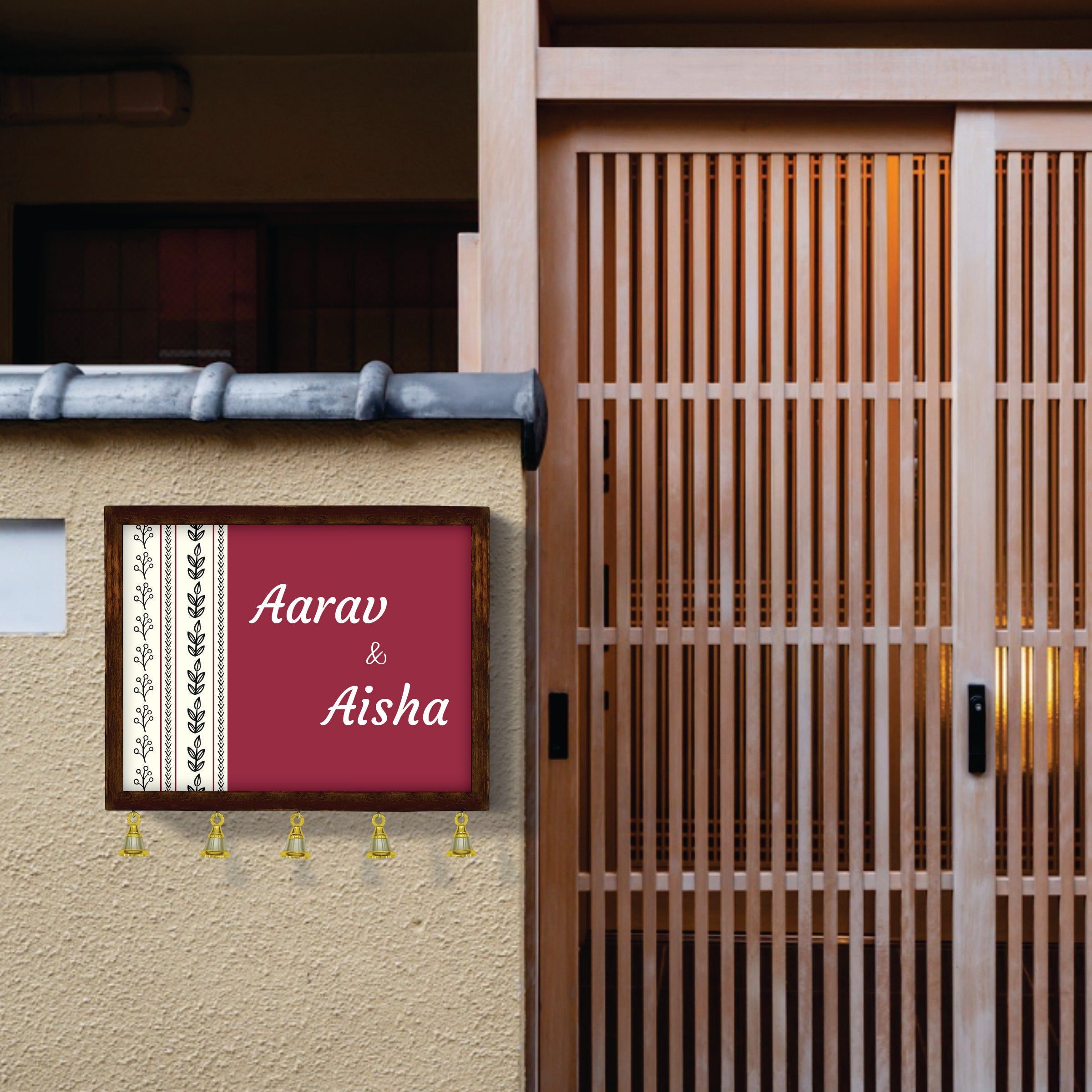 Personalized Wooden Couple Name Plate with Bells | Custom Home Entrance Board | Traditional Wall Décor