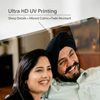 Clear acrylic photo print close-up showing a couple portrait on the surface
