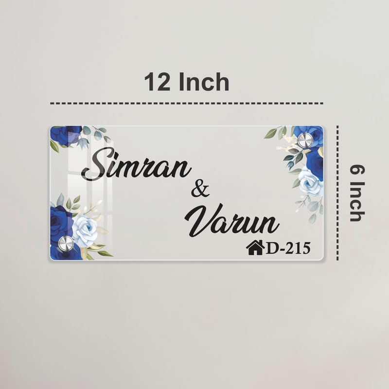 12 inch transparent acrylic door name plate: Simran & Varun, blue floral corners, D-215