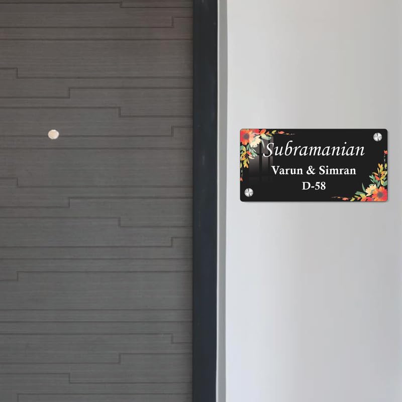 Black acrylic door name plate with floral border, Subramanian Varun & Simran D-58
