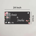 24 inch black acrylic door name plate with cherry blossoms, Amit & Snehia, C-78; corner bolts