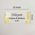 Transparent acrylic door name plate, 12 Inch length, yellow floral border, corner screws