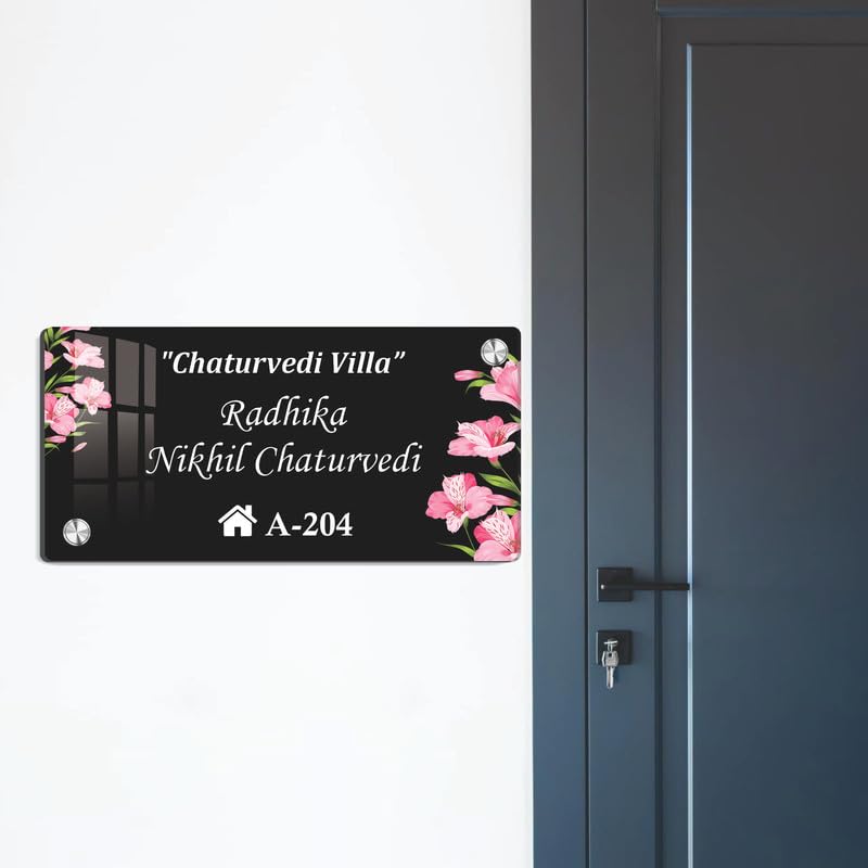 Black acrylic door name plate with floral corner accents, house number A-204