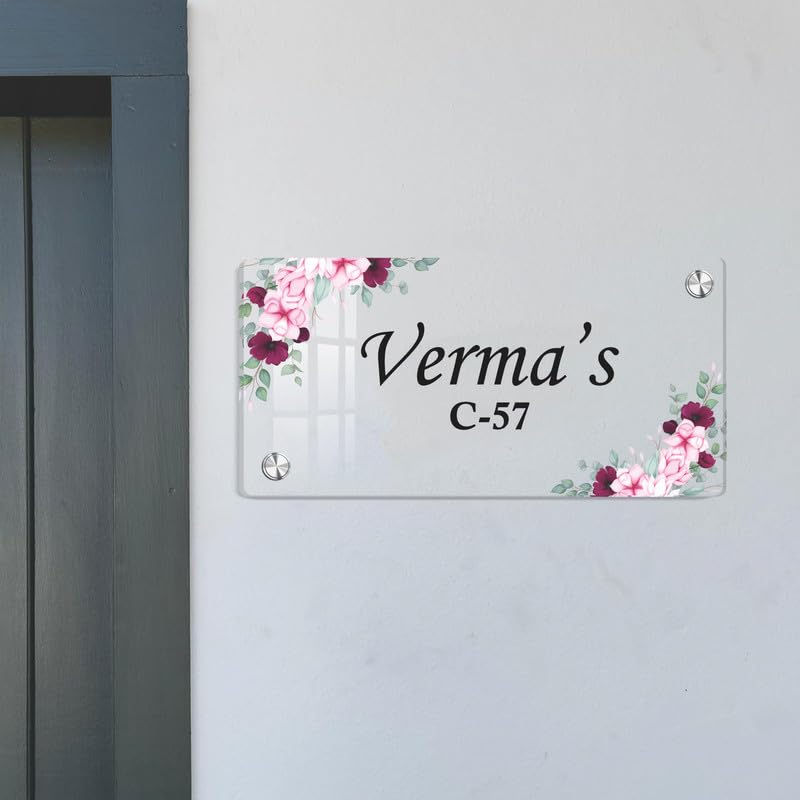 Transparent acrylic door name plate with pink floral border; Verma's C-57