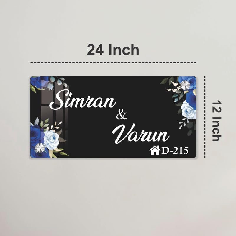 Rectangular black acrylic door name plate, blue floral, Simran & Varun, AD-215