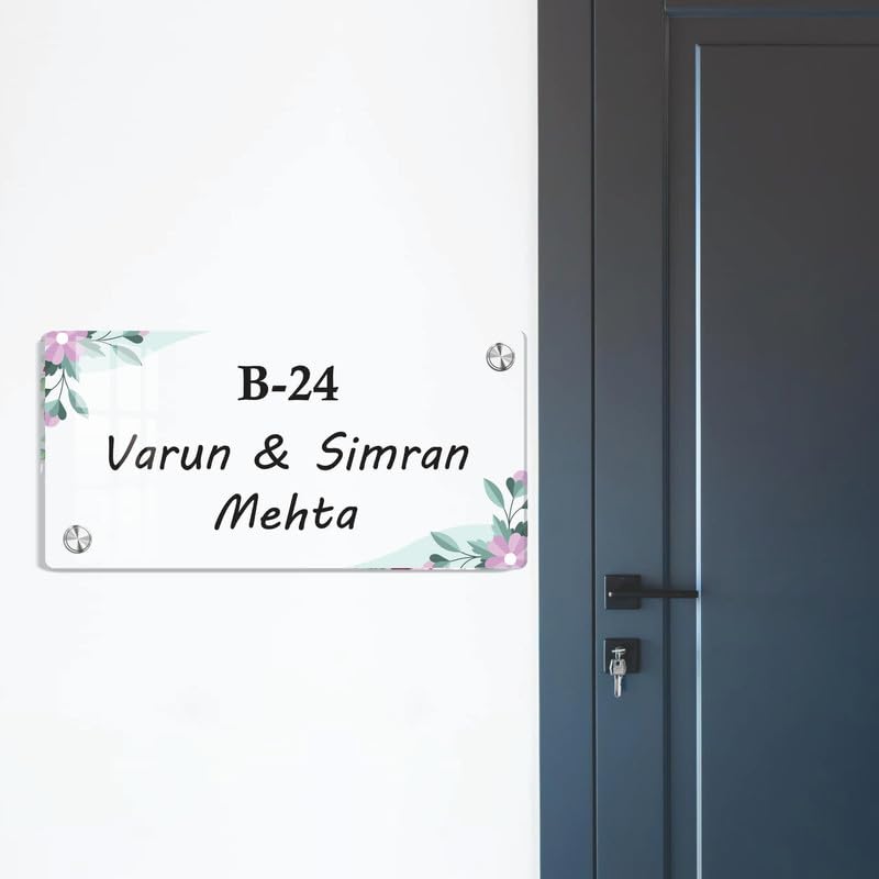 Transparent acrylic door name plate with pastel floral corners, text B-24 Varun & Simran Mehta