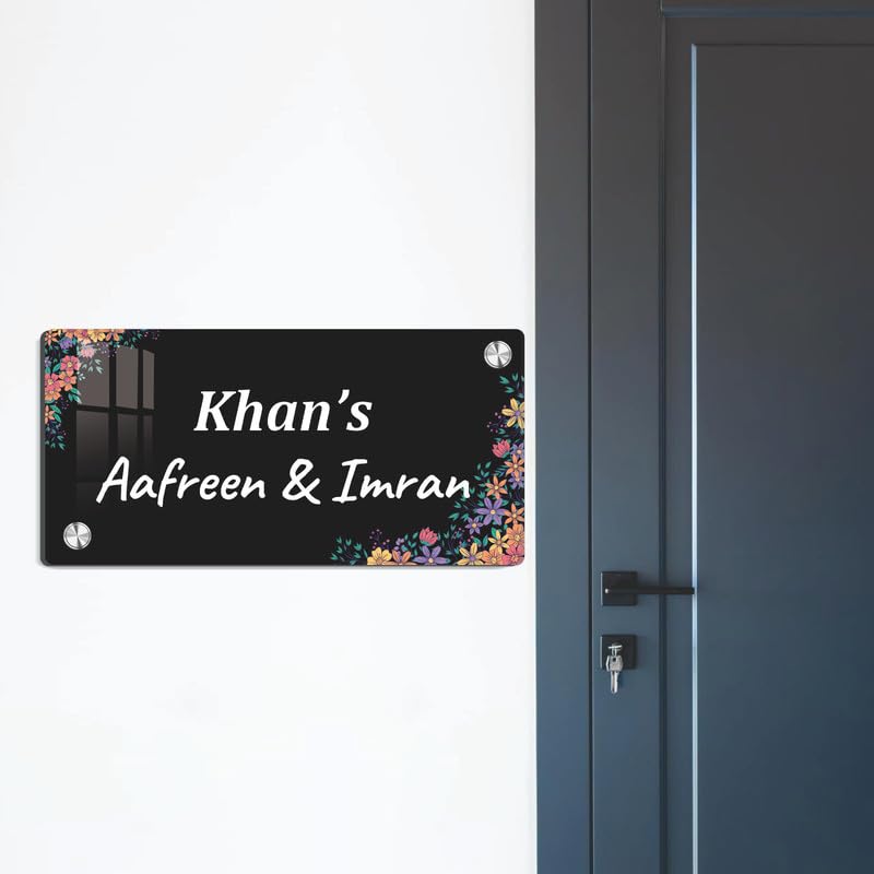 Black acrylic door name plate with floral corners, text: Khan’s, Aafreen & Imran