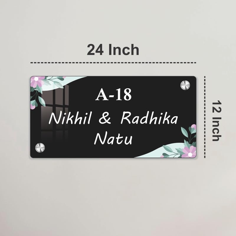 Black acrylic door name plate, 24 inch, A-18 and Nikhil & Radhika Natu.