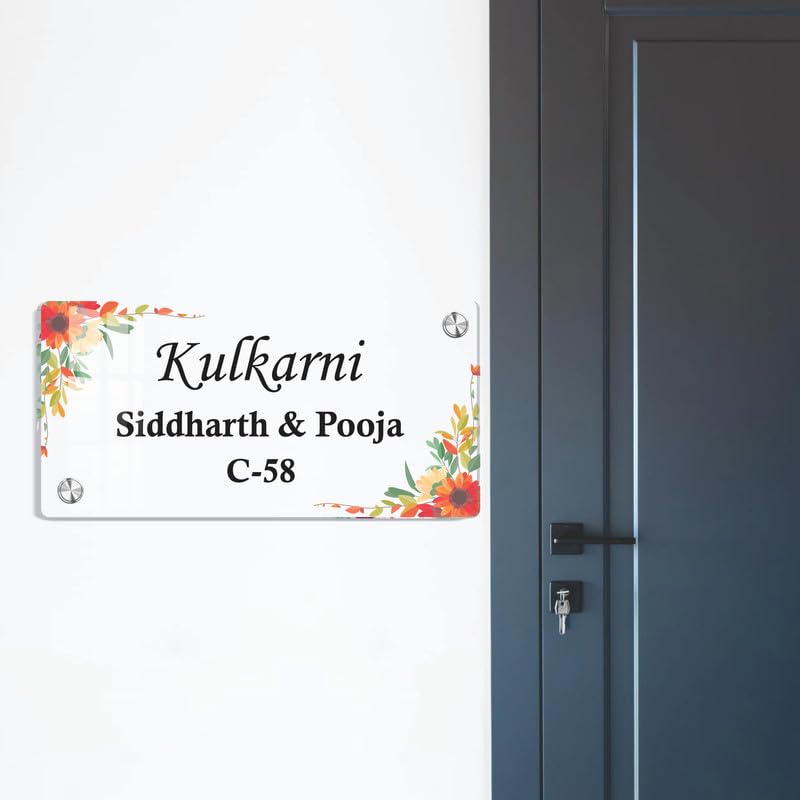 Transparent acrylic door sign with floral border; names and C-58, with screws.