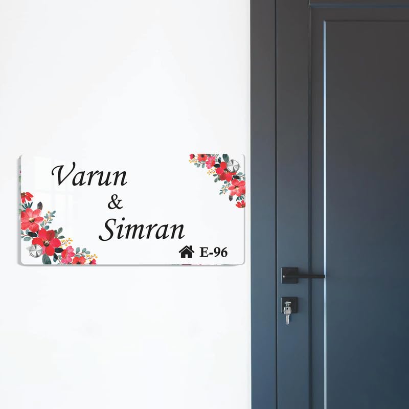 Transparent acrylic door name plate with floral red blossom corners and engraved names