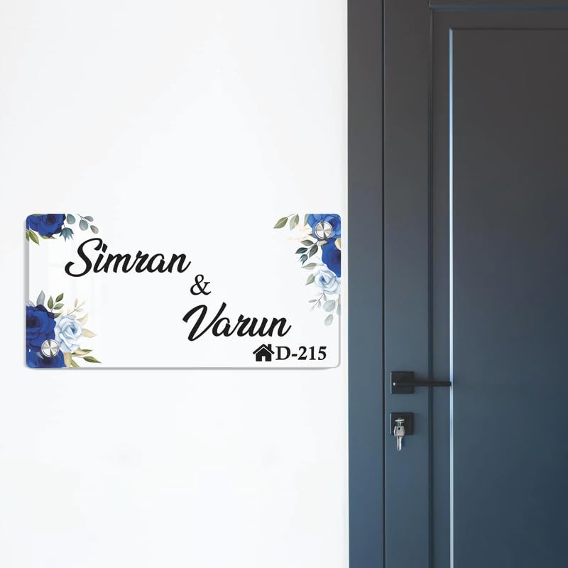 Transparent acrylic door name plate: Simran & Varun, blue floral corners, D-215