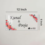 12 inch transparent acrylic door name plate, floral red border, name text, 6 inch