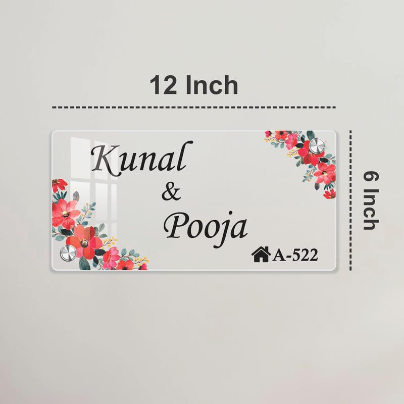 12 inch transparent acrylic door name plate, floral red border, name text, 6 inch