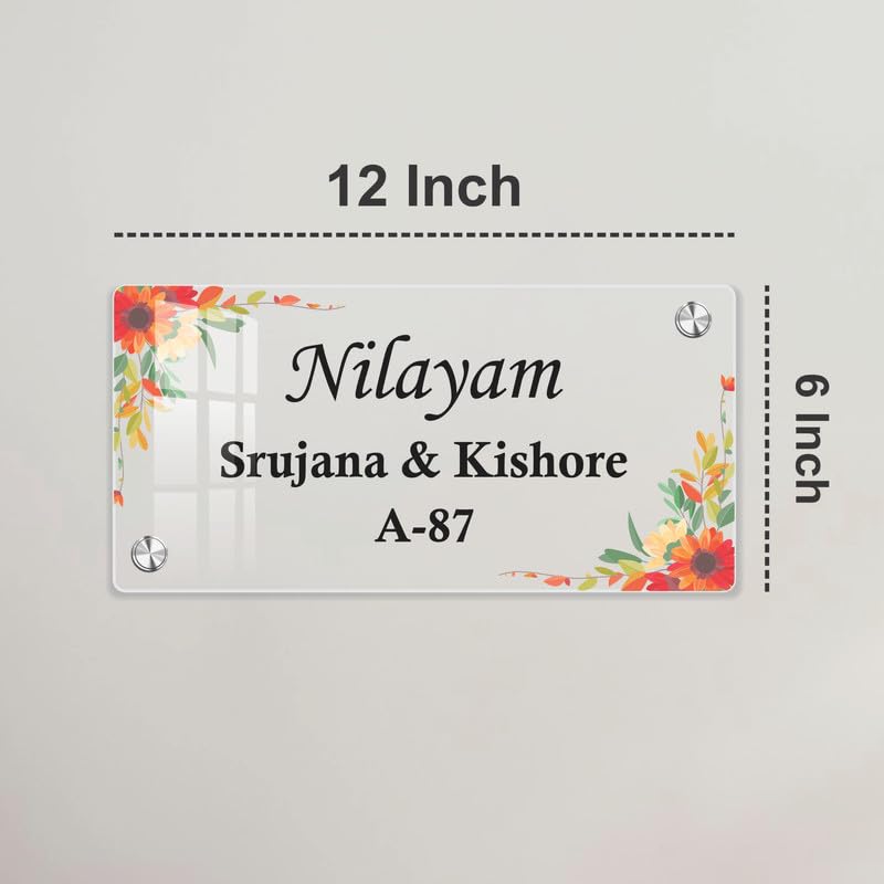 12-inch transparent acrylic door sign with floral border; names and A-87.