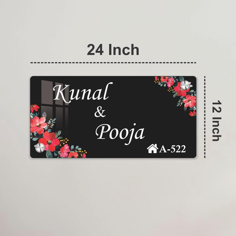 24 inch black acrylic door name plate with floral corners and engraved text, Kunal & Pooja