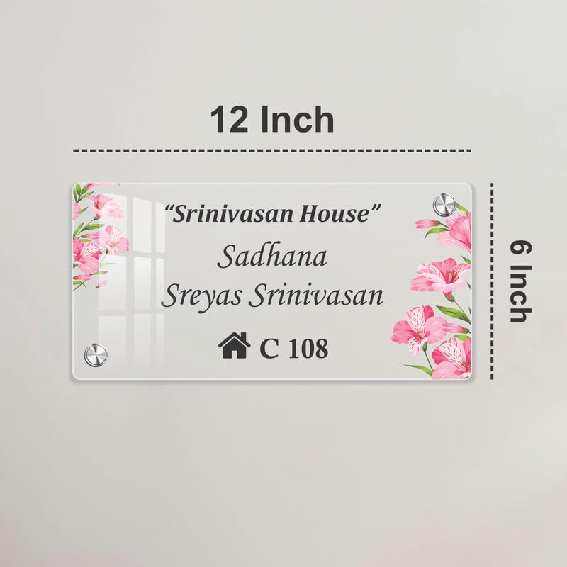 Transparent acrylic door name plate, 12 inch, with engraved “C 108” and pink floral corners