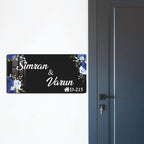 Rectangular black acrylic door name plate, blue floral, Simran & Varun, D-215