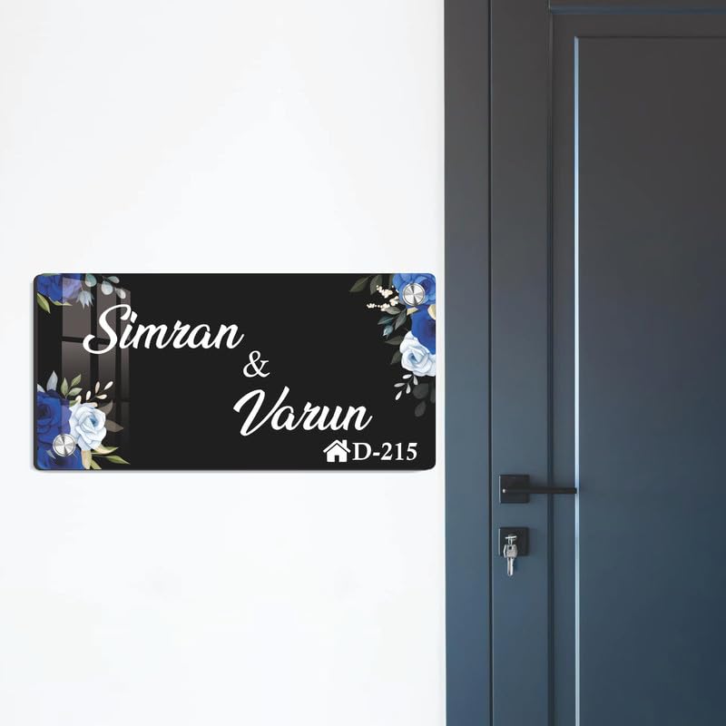Rectangular black acrylic door name plate, blue floral, Simran & Varun, D-215
