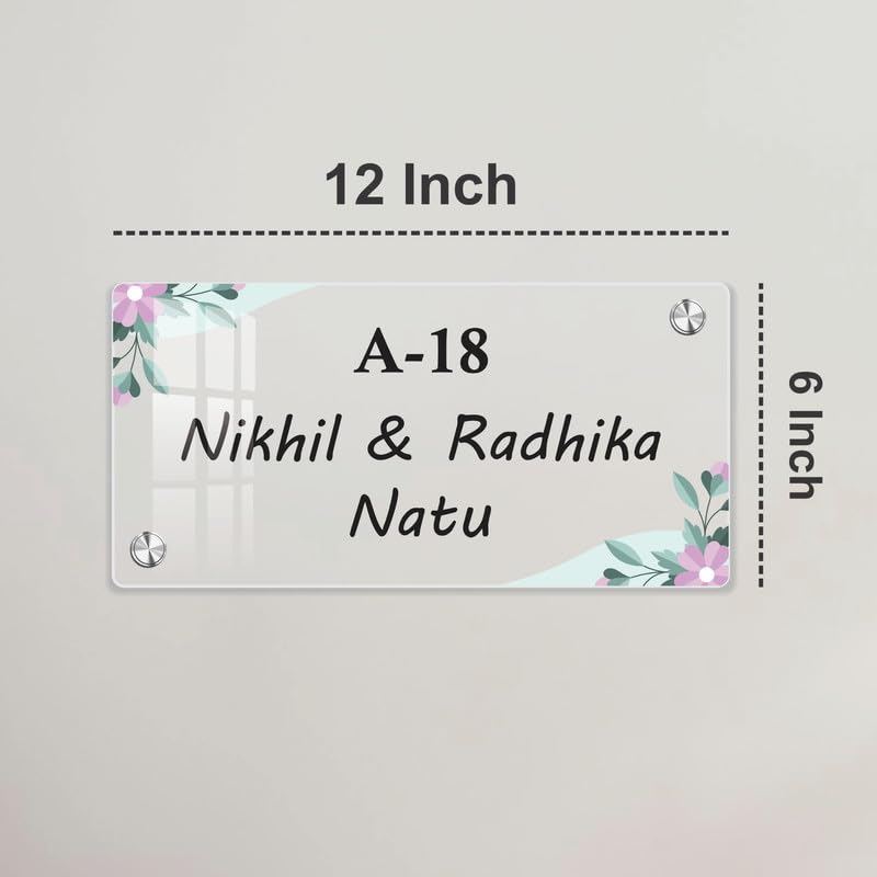 Transparent acrylic door name plate, 12 inch width, pastel floral corners, text A-18 Nikhil & Radhika Natu