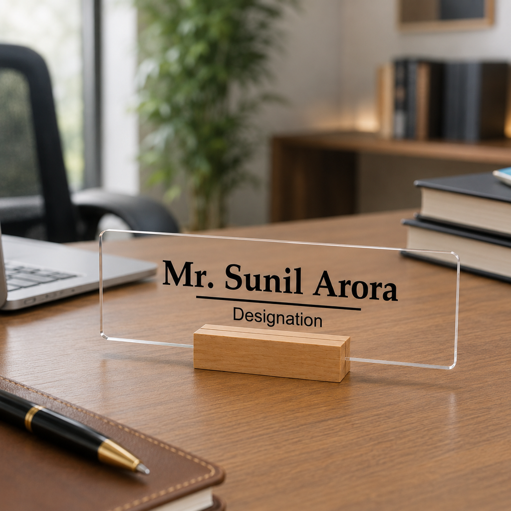 Transparent acrylic desk name plate with printed name and designation on office desk
