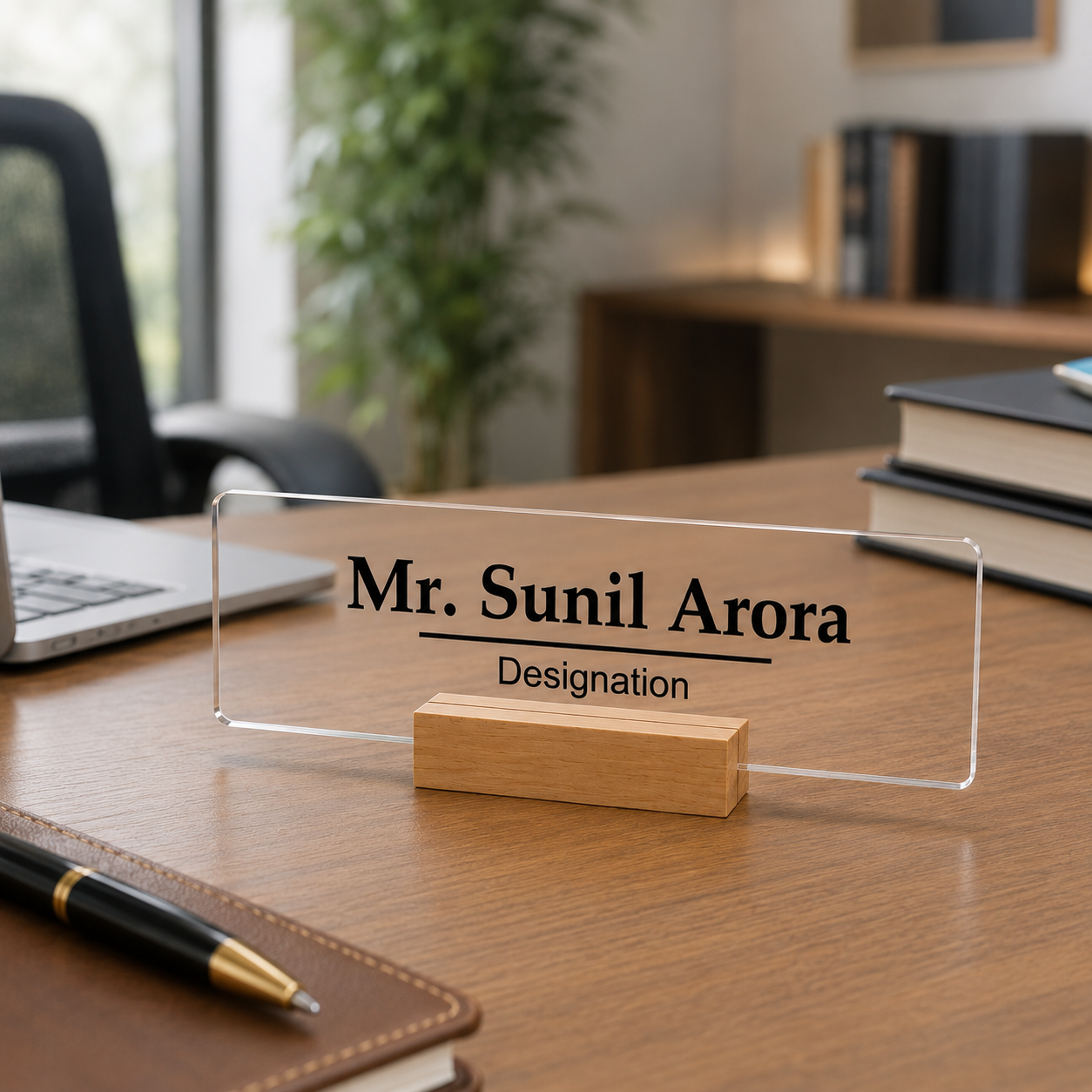 Transparent acrylic desk name plate with printed name and designation on office desk