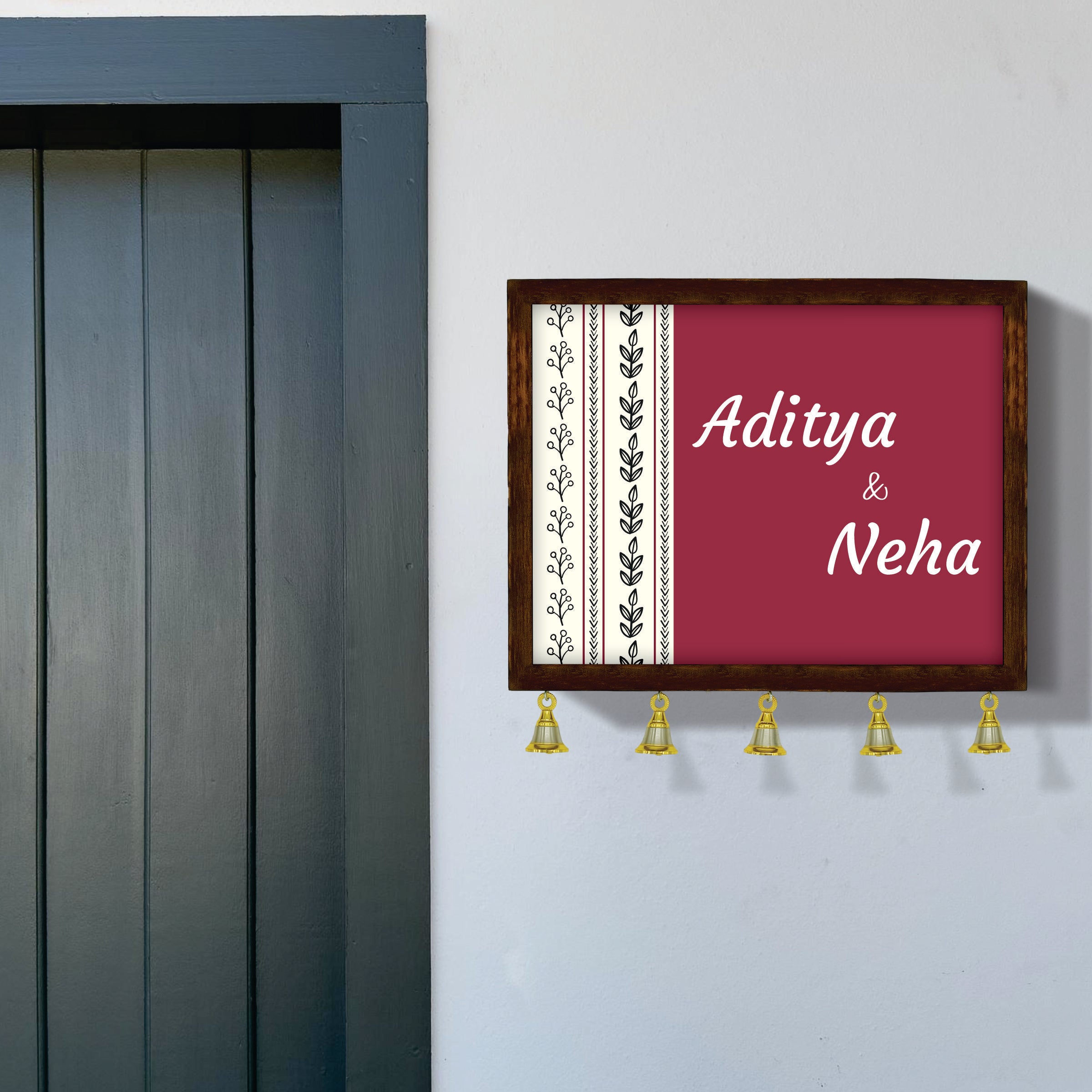 Personalized Wooden Couple Name Plate with Bells | Custom Home Entrance Board | Traditional Wall Décor