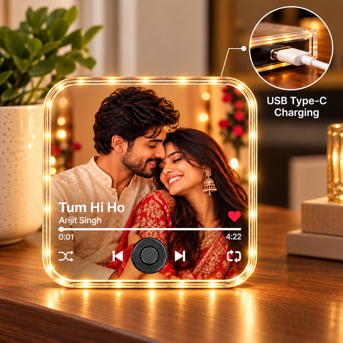 LED photo fridge magnet with couple photo and USB Type-C charging feature