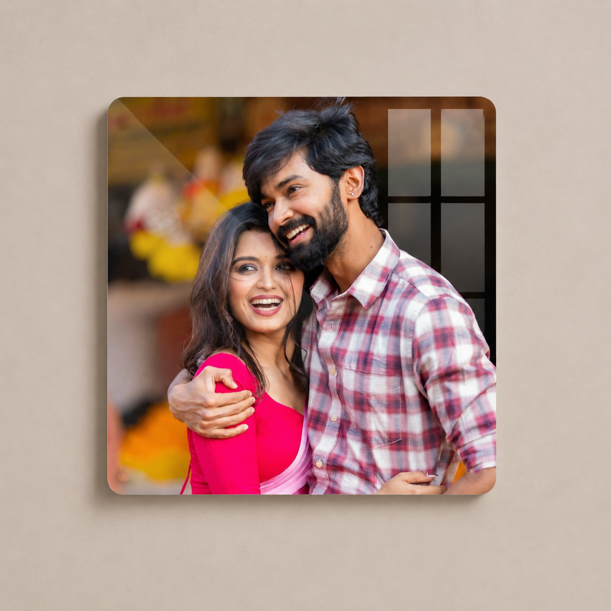 Acrylic wall photo frame with rounded corners showing a couple portrait photo