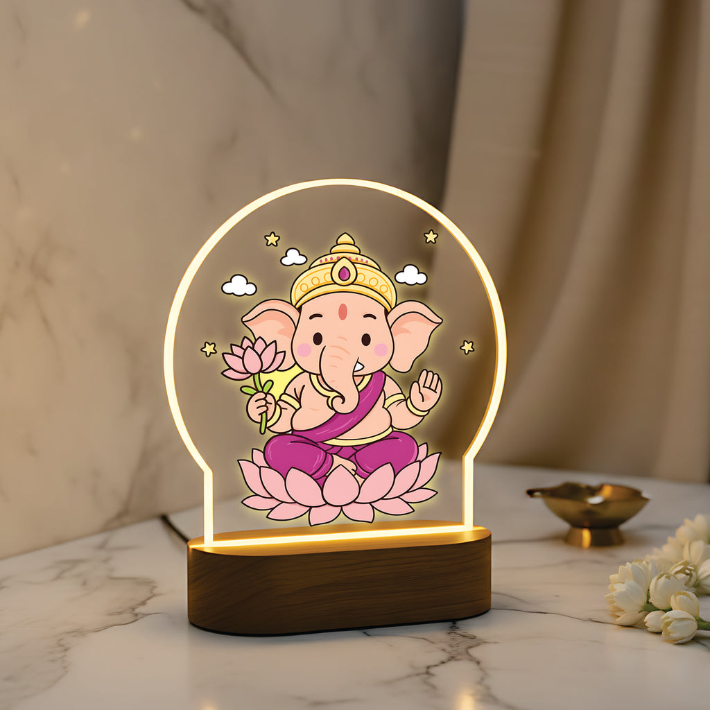 Lord Ganesha LED Table Lamp - Pink Lotus Sitting Ganesha