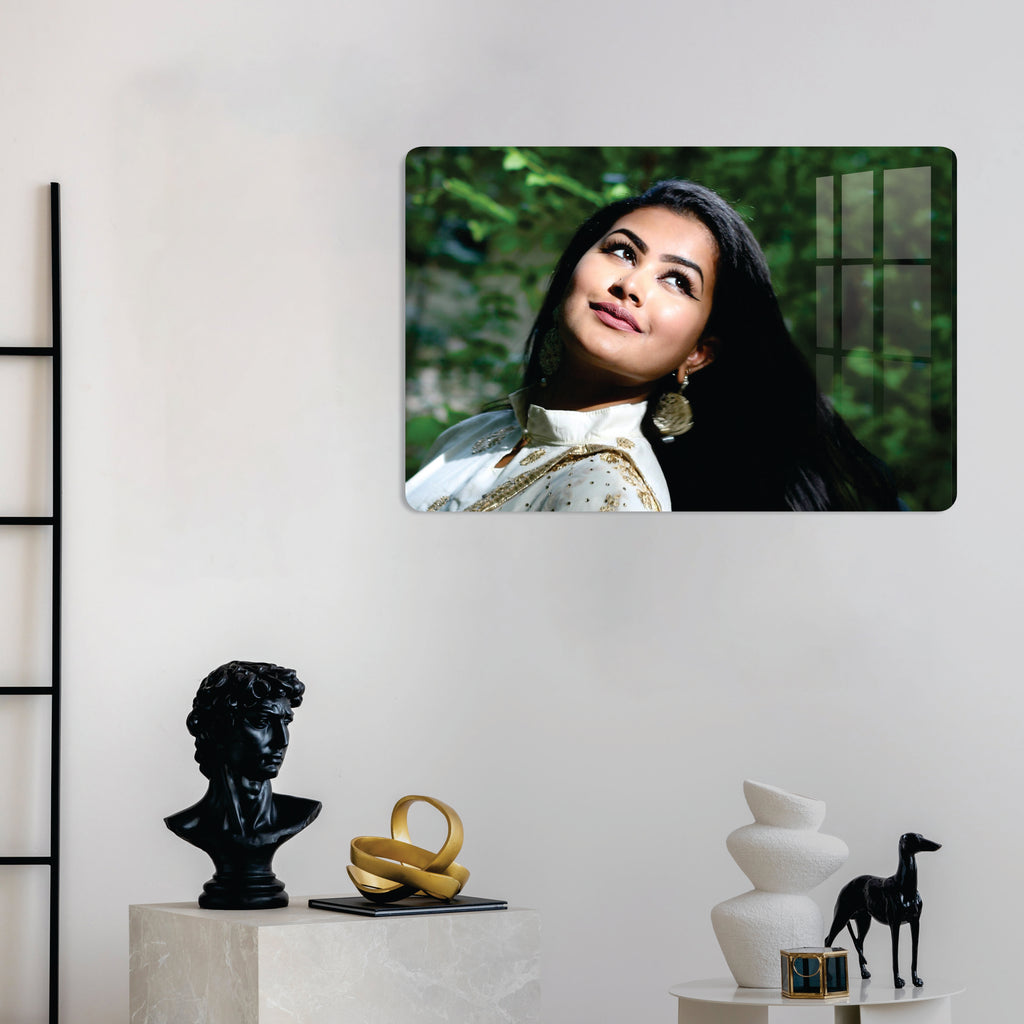 Rectangular clear acrylic photo frame with a portrait of a woman