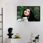 Rectangular clear acrylic photo frame with a portrait of a woman