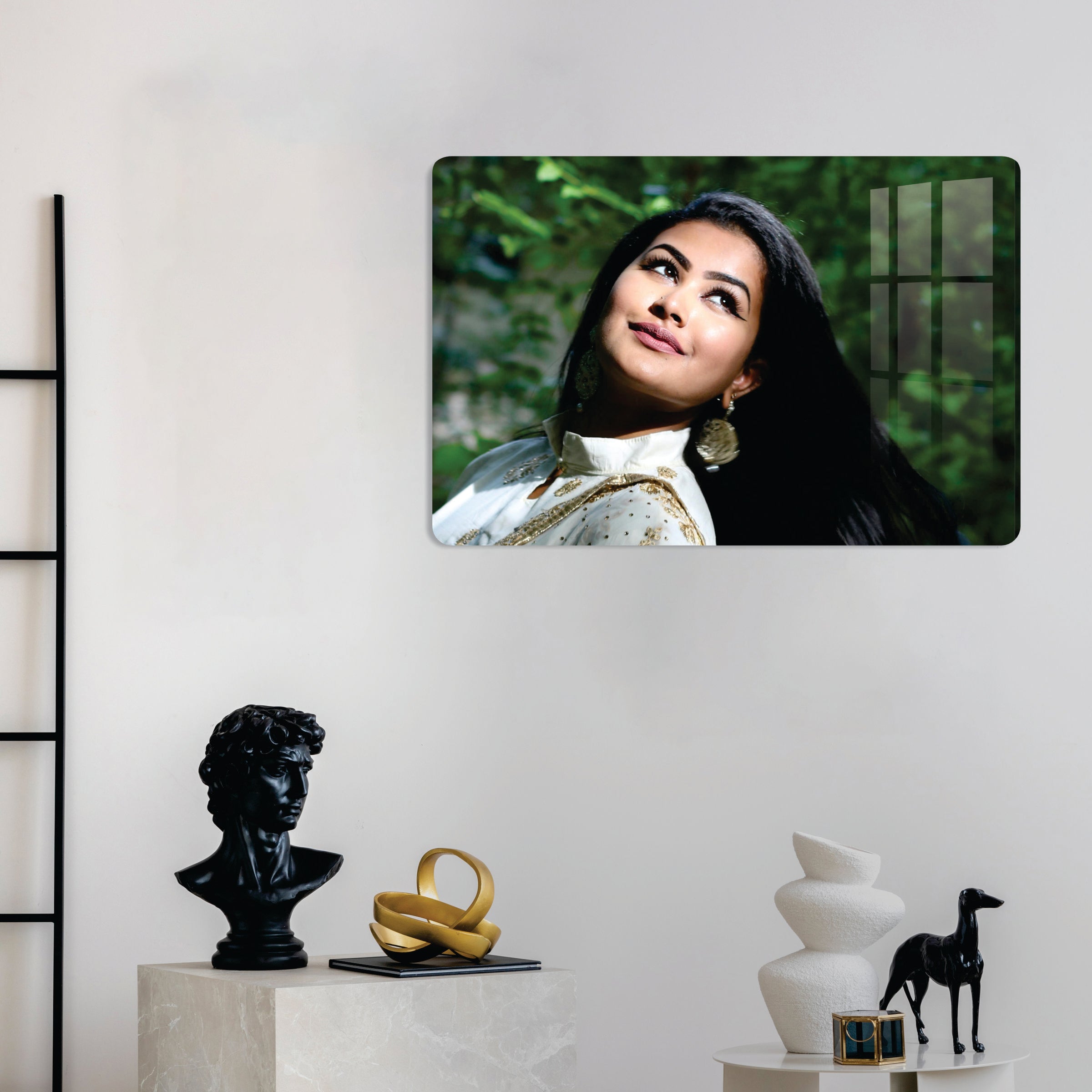 Rectangular clear acrylic photo frame with a portrait of a woman