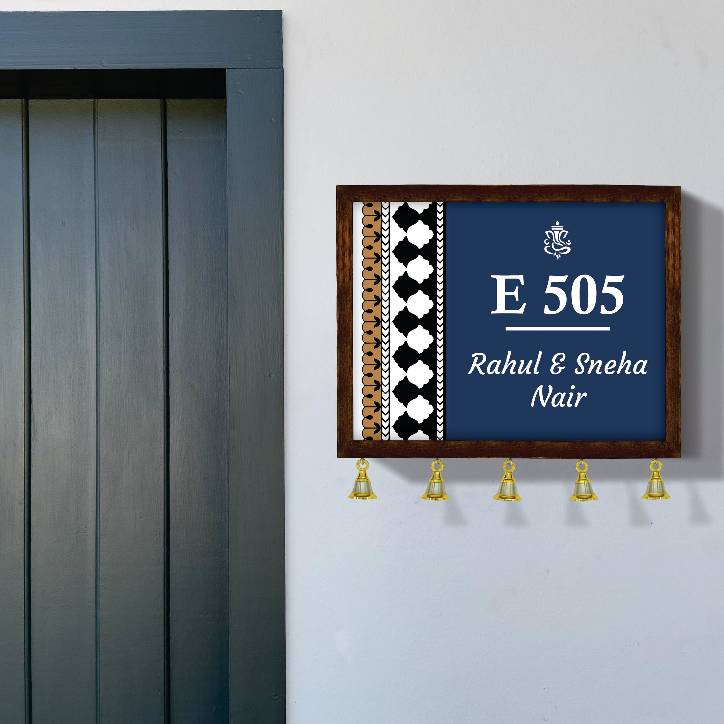 Personalized Wooden Couple Name Plate with Bells | Custom Home Entrance Board | Traditional Wall Décor (Copy)