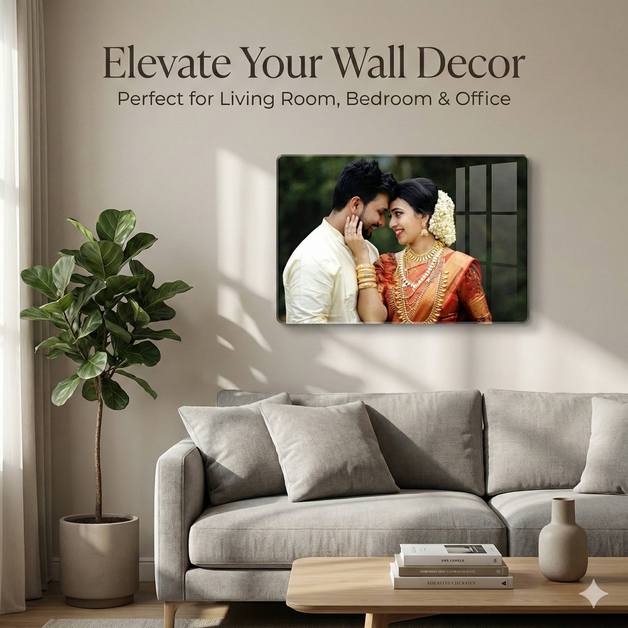 Clear acrylic wall photo frame with couple portrait print, mounted on indoor wall