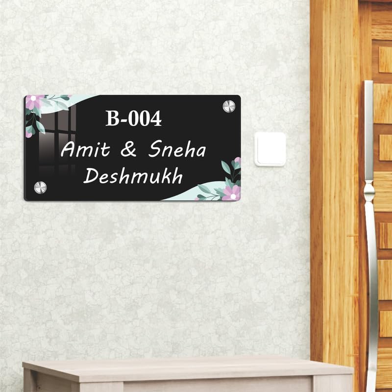 Black acrylic door name plate with floral corners, B-004 and Amit & Sneha Deshmukh.
