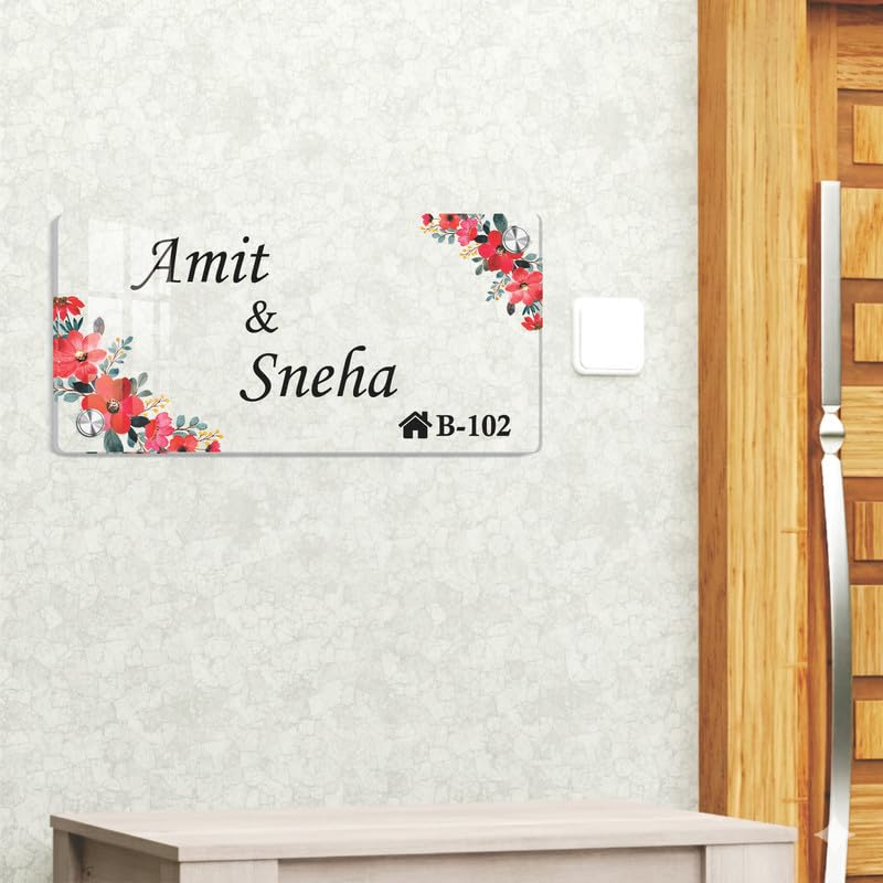 Transparent acrylic door name plate with floral red blossom border and engraved names