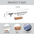 Transparent acrylic desk name plate with 10 inch label and wood stand, Dr. Mohnish Kumar