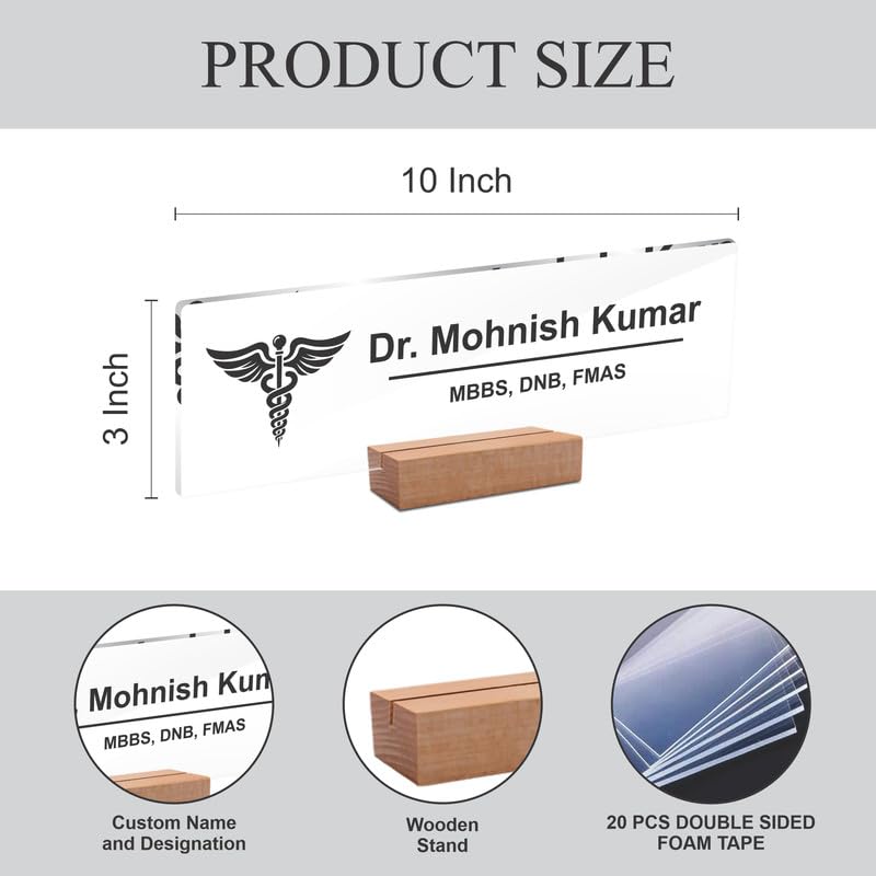Transparent acrylic desk name plate with 10 inch label and wood stand, Dr. Mohnish Kumar