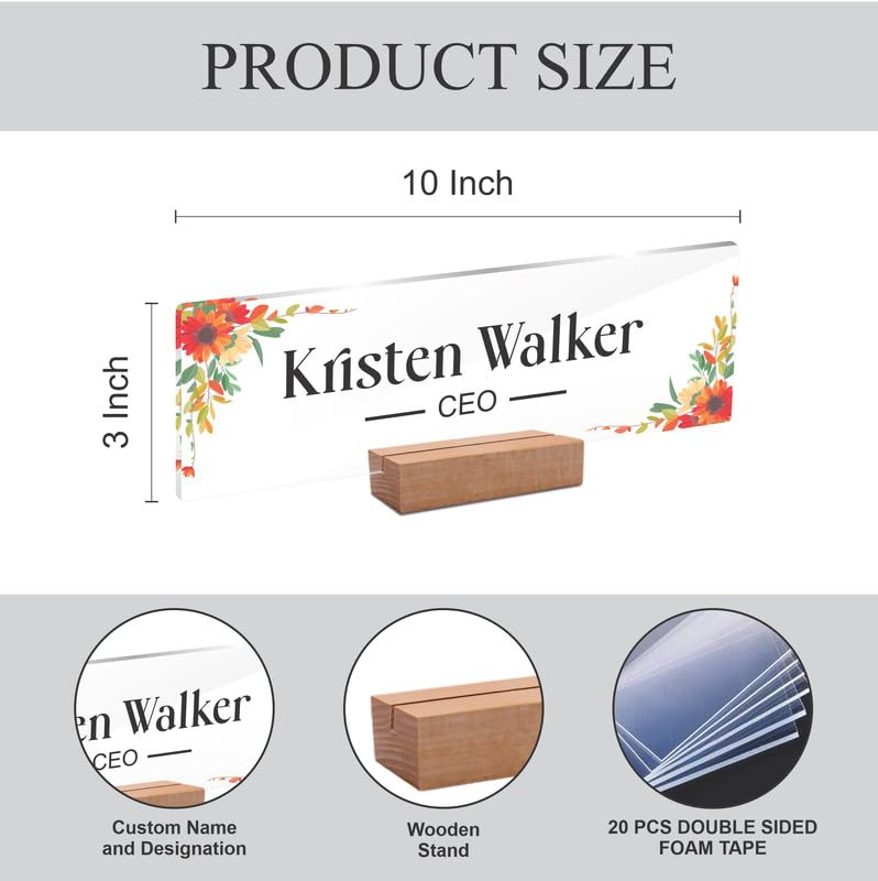Floral acrylic desk name plate layout showing 10 in x 3 in size and wooden stand