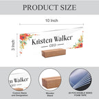 Floral acrylic desk name plate layout showing 10 in x 3 in size and wooden stand