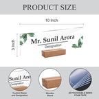Name plate size 10 x 3 in; includes wooden stand and 20 double-sided foam tapes