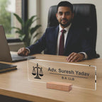 Transparent acrylic desk name plate with scales icon and printed name, B.A. LLB