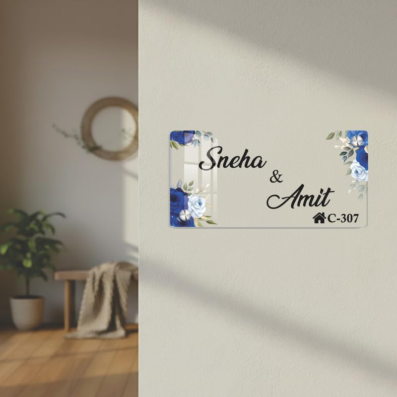 Transparent acrylic door name plate: Sneha & Amit, blue floral corners, C-307