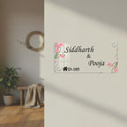 Transparent acrylic door name plate with cherry blossom design: Siddharth & Pooja, D-105.