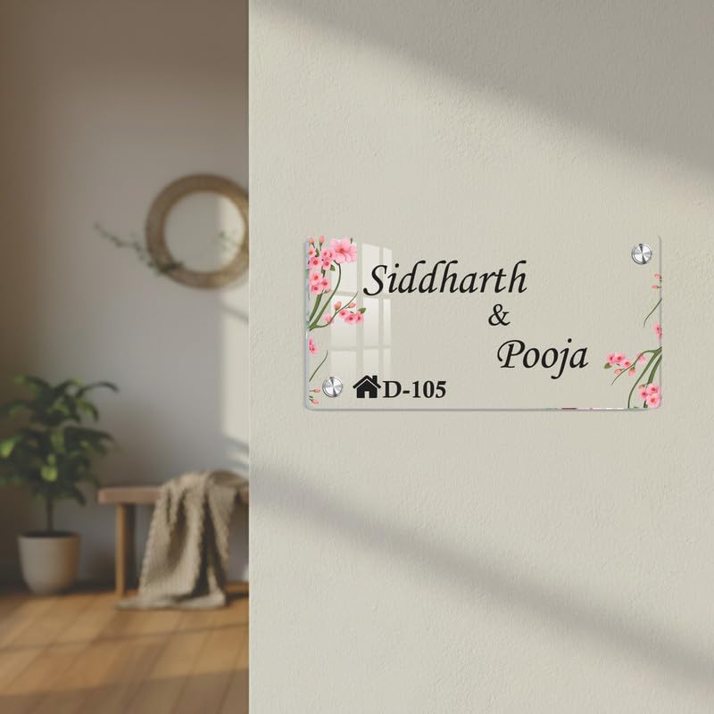 Transparent acrylic door name plate with cherry blossom design: Siddharth & Pooja, D-105.