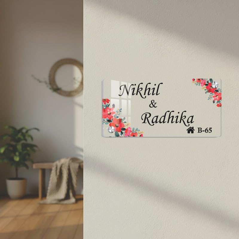 Transparent acrylic door name plate with floral red blossom border and engraved text