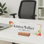 Transparent acrylic desk name plate with floral border, engraved name and CEO, with wooden stand